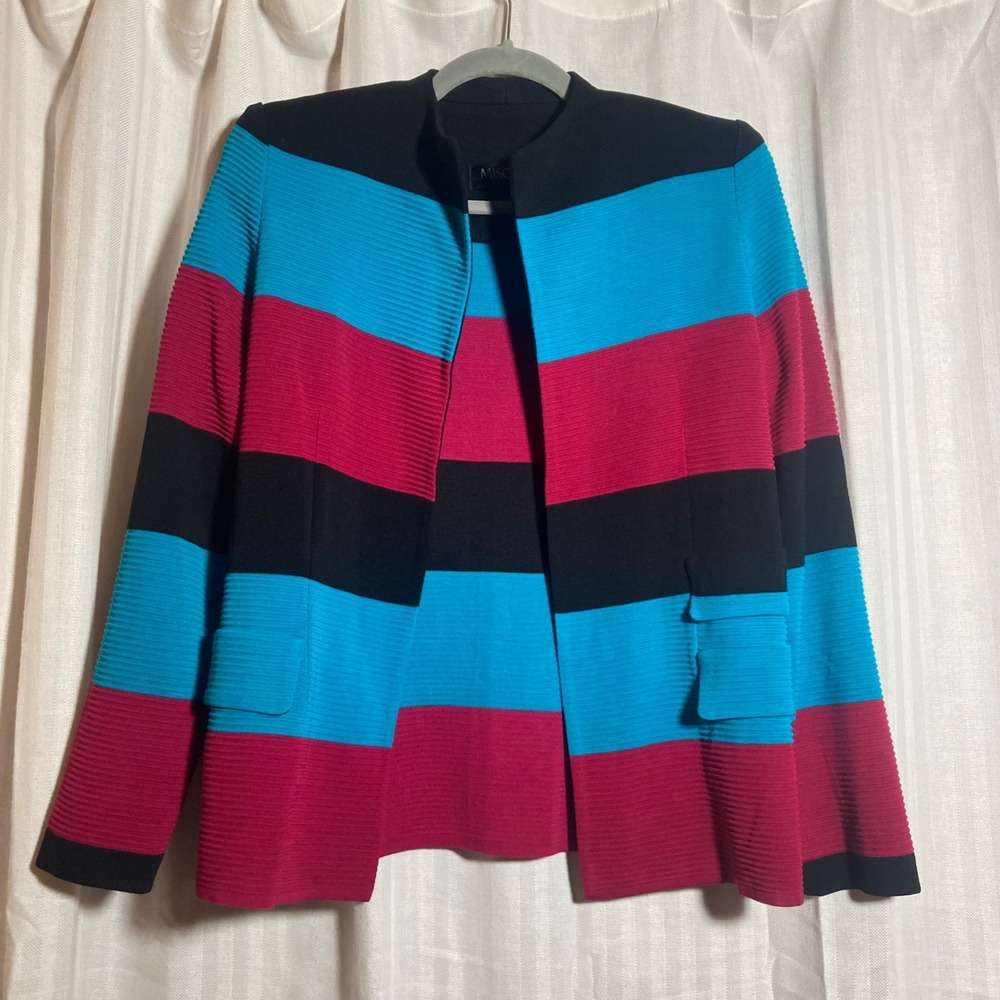 Misook Striped Knit‎ Jacket Open Front Cardigan Turquoise Magenta Black Womens S